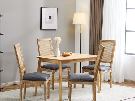 French Country Dining Chair With Rectangular Cane Backrest And Smooth Upholstered Seating