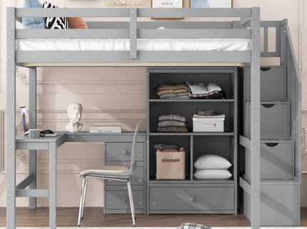 Loft Bed & L Shaped Desk, Drawers, Cabinet, And Storage Staircase