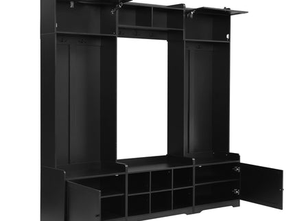 Wide Hall Tree With Shoe Storage, 4 In 1 Entryway Bench With 8 Cubbies, 7 Coat Hooks & Adjustable Shelf For Hallway - Black