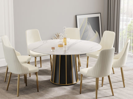 59.05" Modern Artificial Stone Round Panel Metal Iron Base Dining Table, Can Accommodate 8 People, (Not Including Chairs) - White / Black