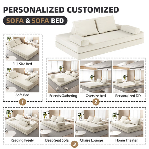 Multifunctional Convertible Sofa Bed With 2 Tumbler Backrests And 2 Pillows, Deep Seat Couch