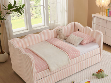 Gingham Daybed With USB Charging Port, Wave Shaped Design