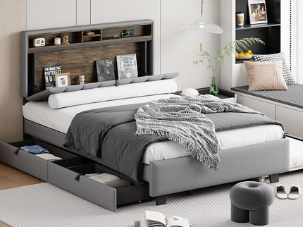Upholstered Platform Bed With Storage Headboard, Trundle & 2 Drawers And A Set Of Sockets & USB Ports