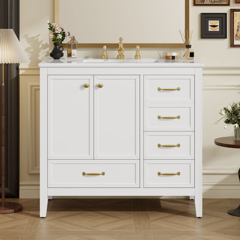 Elegant Vintage Bathroom Vanity & Sink And Soft Closing Door, 4 Drawers Of Different Sizes Frame