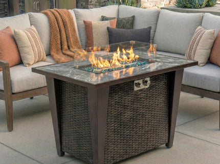 Fire Pit Table, Glass Wind Guard And Rain Cover, Lid - Brown
