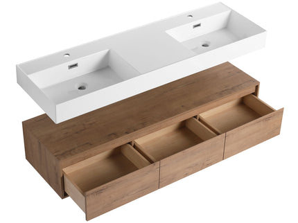 Contemporary Wall Mounted Bathroom Vanity With Dual Resin Sink And Soft Close Drawer