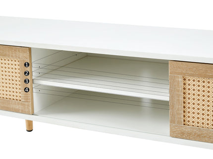 55.12" Rattan TV Cabinet, Double Sliding Doors For Storage, Adjustable Shelf, Solid Wood Legs, TV Console For Living Room