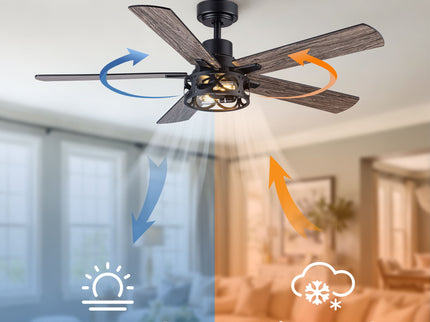 Ceiling Fan With Light, Dual‑Sided Matte Black & Wood Grain Blades - Black