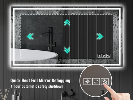 LED Bathroom Vanity Wall Mirror With Straight Edge Design, Frosted Glass Finish, Anti Fog, Dimmable 3 Color Lighting - Silver