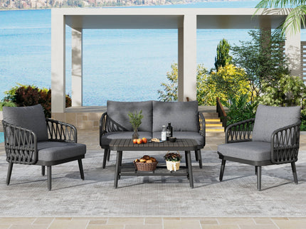 4 Piece Outdoor Patio Furniture Set, Metal Chairs With Woven Rope U Shaped Backrest