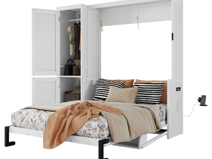 Queen Size Murphy Bed With Wardrobe, Space-Saving Hidden Wall Bed With Desk And Charging Station - White