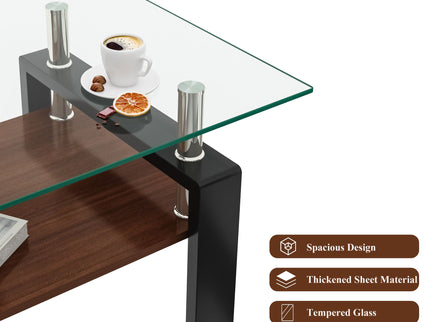 Modern Rectangular Coffee Table With Tempered Glass Top Layer, Table For Living Room - Transparent