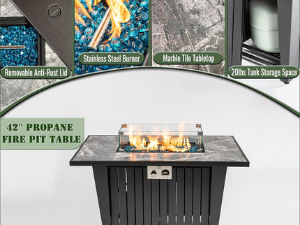 Morden Steel Fire Pit Table With Marble Tile Tabletop, Glass Wind Guard And Lid