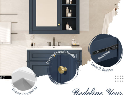 Bathroom Vanity With Top Sink, 2 Doors And 3 Drawers, Freestanding Set With Mirror Cabinet