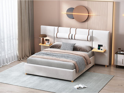 Upholstered Platform Bed, 2 Outlets And USB Charging Ports On Both Sides, 2 Bedside Pillows, Storage Shelves