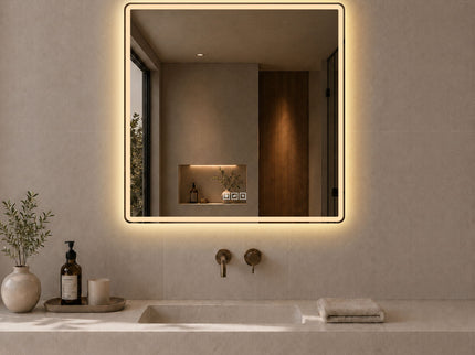 36 X 36 LED Bathroom Mirror With Dimmable Frosted Light Band, 3 Color Temperatures, Anti Fog, Memory & Auto Off - Silver