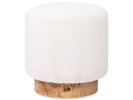 Tilly - Round Fur Upholstered / Burl Pouf Ottoman - White
