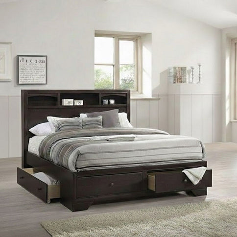 Queen Size Bed With Storage Drawers And Headboard - Brown Mix