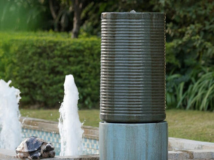 Large Modern Cylinder Ribbed Tower Water Fountain, Contemporary Outdoor Bird Bath
