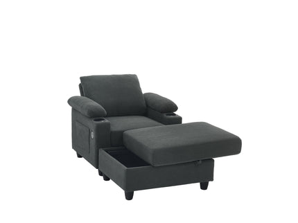 Accent Chair With Storage Ottoman, Reclining Single Chaise Lounge With Cupholders And USB, C Ports