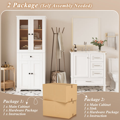 Bathroom Vanity & Tall Storage Cabinet Set With Doors, Adjustable Shelves, Soft Close Hinges, Sink