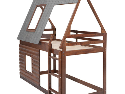 Wood Twin Size House Bunk Bed With Roof, Ladder And 2 Windows - Oak & Smoky Gray