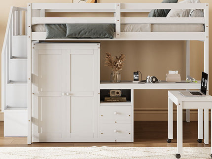 Loft Bed With Stairs, Bookshelf, Drawers, Desk & Wardrobe, Space Saving Multifunctional Furniture