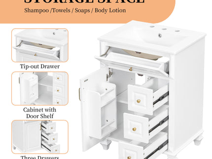 Freestanding Bathroom Vanity With Sink, 3 Drawers & Flip-Out Drawer