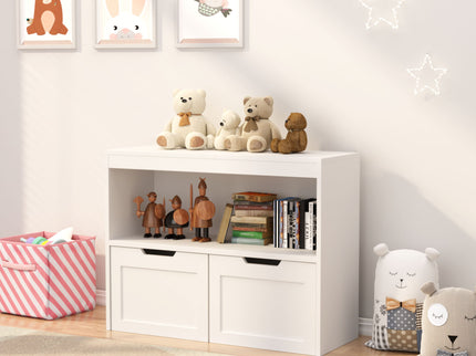 Book Organizer With Large Drawers And Open Shelves, Toy Storage Cabinet With Removable Wheels And Rounded Edges - White