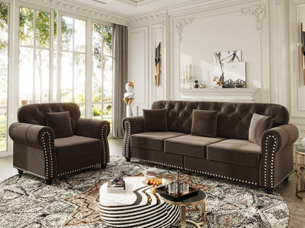 Upholstered Sofa Set With Nailhead Trim And Rolled Armrests, Includes Pillows
