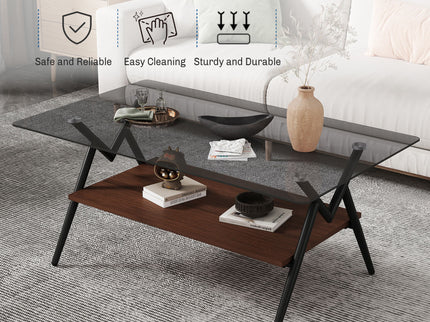 Rectangle Coffee Table With Tempered Glass Top And Shelf, Modern Table For Living Room