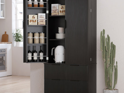 Fluted Kitchen Pantry Cabinet With 2 Large Drawers & 8 Door Spice Rack