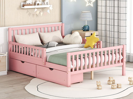 Platform Bed With Guardrails On Both Sides And 2 Storage Drawers