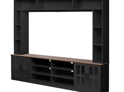 Wall Unit Entertainment Center With Bookshelves For TVs Up To 80", Tempered Glass Doors And Adjustable Shelves