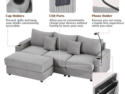 Modern Style Loveseat Sofa Sectional Sofa Couch With Storage Space, A Movable Ottoman, Two USB Ports, Two Cup Holders, A Phone Holder For Living Room