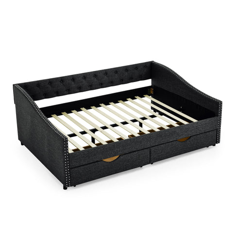Upholstered Tufted Daybed With 2 Drawers, Waved Arms