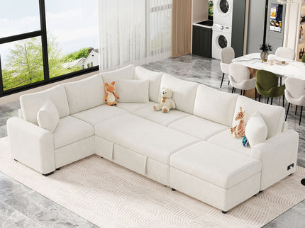 Sectional Sofa Pull-Out Sofa Bed Sleeper With A Storage Ottoman, Three Pillows And Charging Devices For Living Room