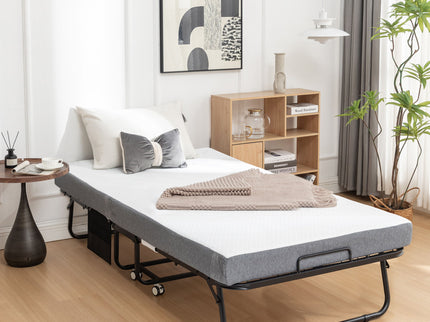 Foldable Metal Frame Bed For Guest With Memory Foam Mattress On Wheels, Saving Space Rollaway Bed