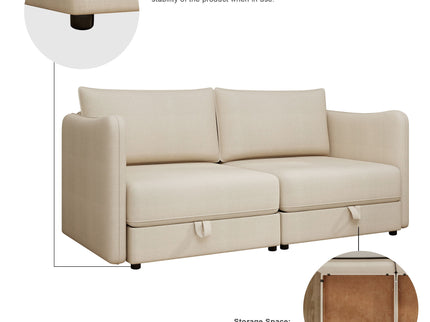 Modular Sectional Sofa With Storage, Convertible 2 Seater Sleeper Sofa - Beige