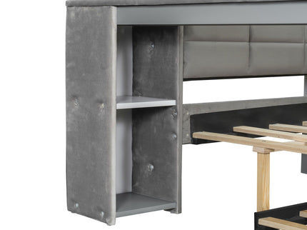 Upholstered Platform Bed With Storage Shelves, Desk, Charging Station And Trundle