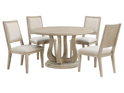 Rodota - 5 Piece Round Dining Table Set With Upholstered Chairs - White Washed