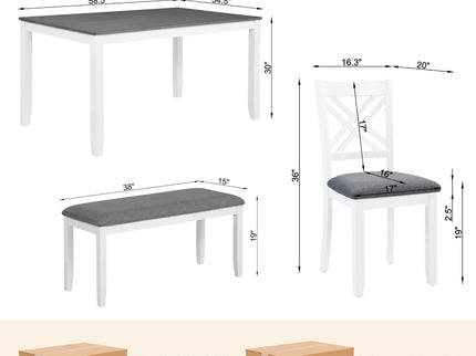 6 Piece Kitchen Dining Set, Rectangular Dining Table With 4 Upholstered Chairs And Bench - Gray / White