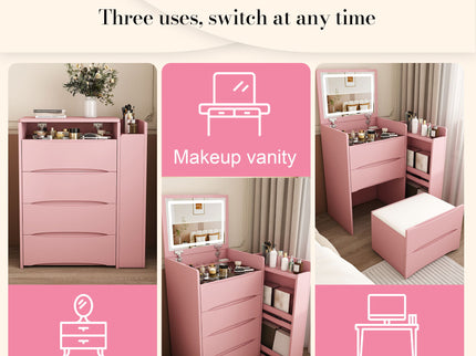 Flip Mirror Vanity Desk With Adjustable LED Lights & Stool For Bedroom