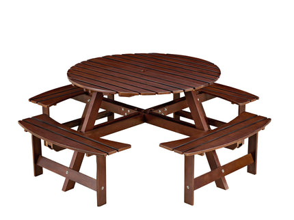 8 Person Round Picnic Table With 4 Built In Benches, Umbrella Hole For Garden - Brown