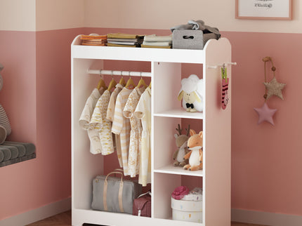 Dress Up Storage With Mirror And Hooks, Clothes Rack With Hanging Rod, 3 Side Hooks, Open Shelves, Top Shelf Organizer - White