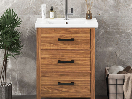 24'' Bathroom Vanity With Basin Sink, 3 Drawer Storage Cabinet - Natural Wood