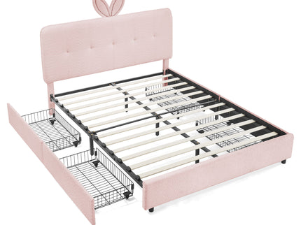 Upholstered Bed With Oversized Rabbit Ear Headboard, LED Lights & 4 Storage Drawers