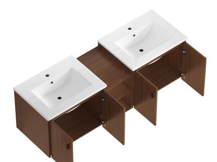 Soft Close Doors Bathroom Vanity With Small Storage Shelves, 24" And 12" Combination Cabinet - Reddish Brown