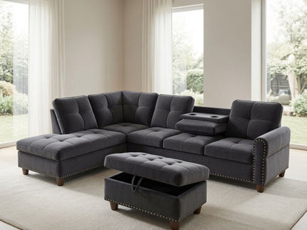L - Shaped 3 Piece Sectional Sofa With Chaise, Storage Ottoman & Cup Holders