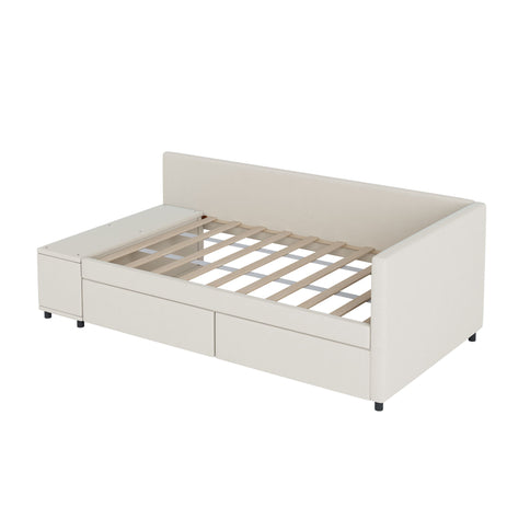 L Shaped Upholstered Platform Bed With Storage And Drawers